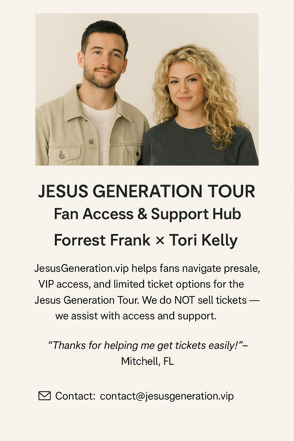 Jesus Generation Tour promotional flyer showing Forrest Frank and Tori Kelly, offering fan support for presale and VIP ticket access